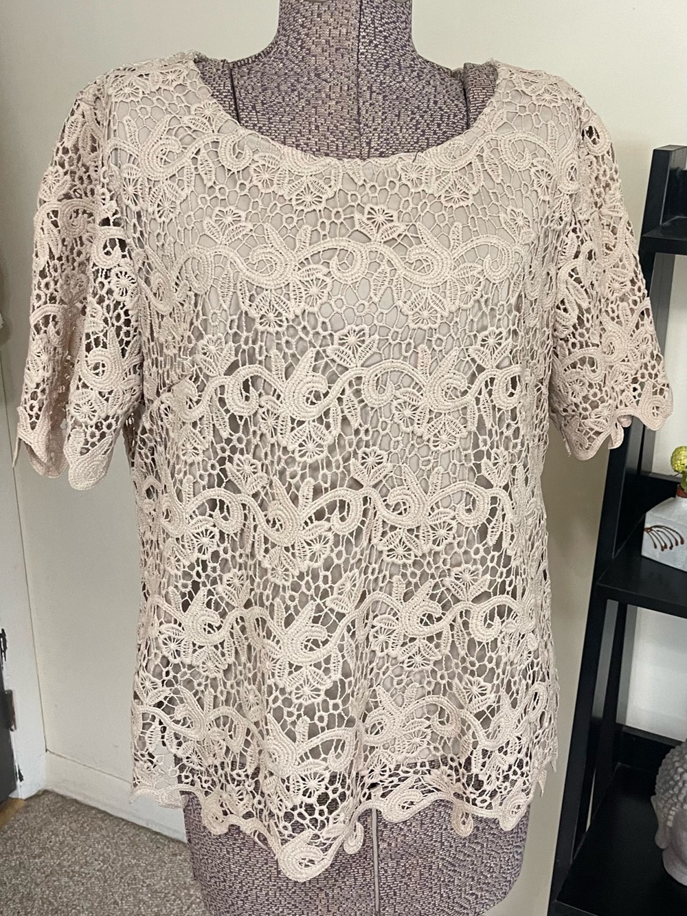 Dress Barn Beige Crochet Lace Short Sleeve Blouse